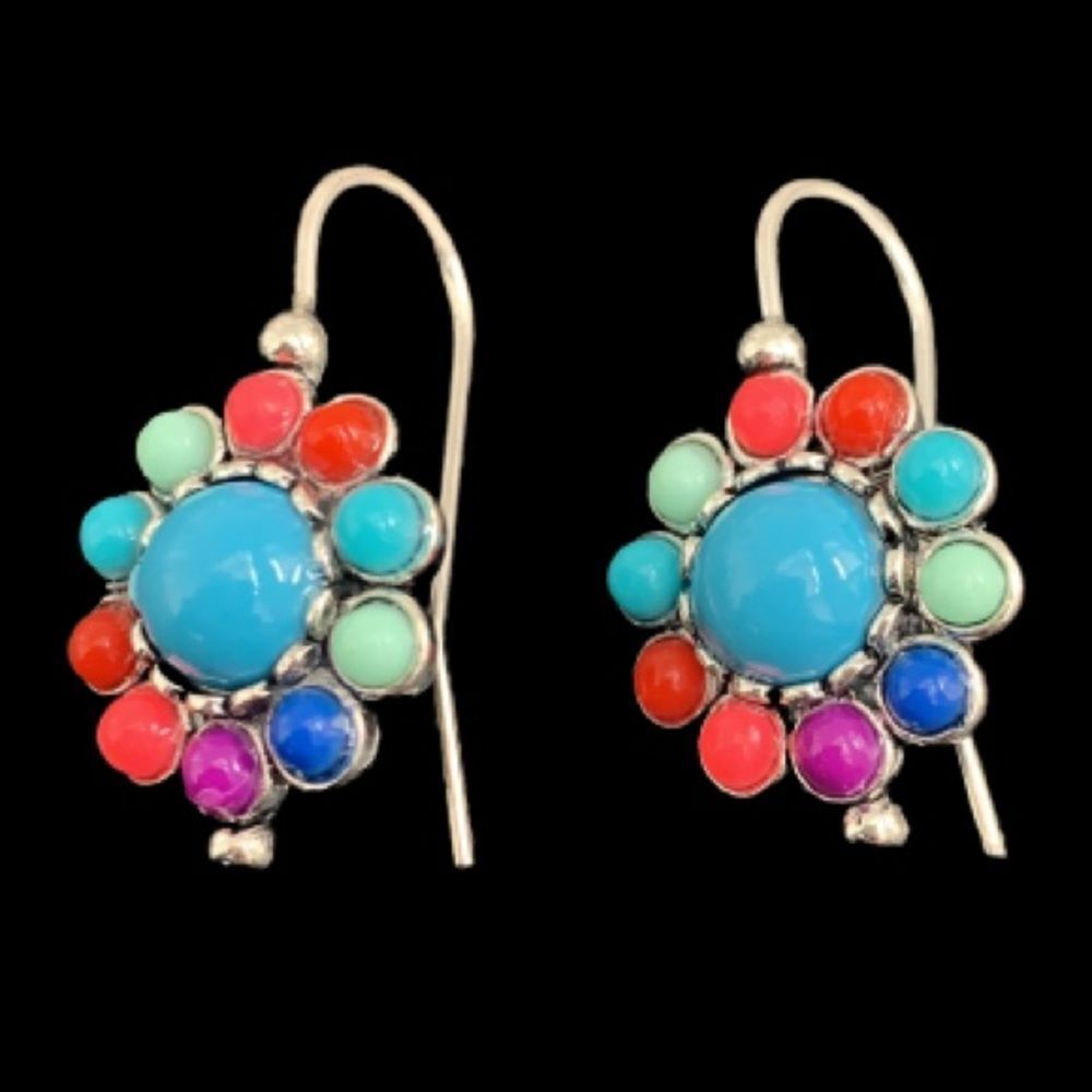 Boho Flower Power Drop Earrings with Turquoise, Pink, Red Color Petals